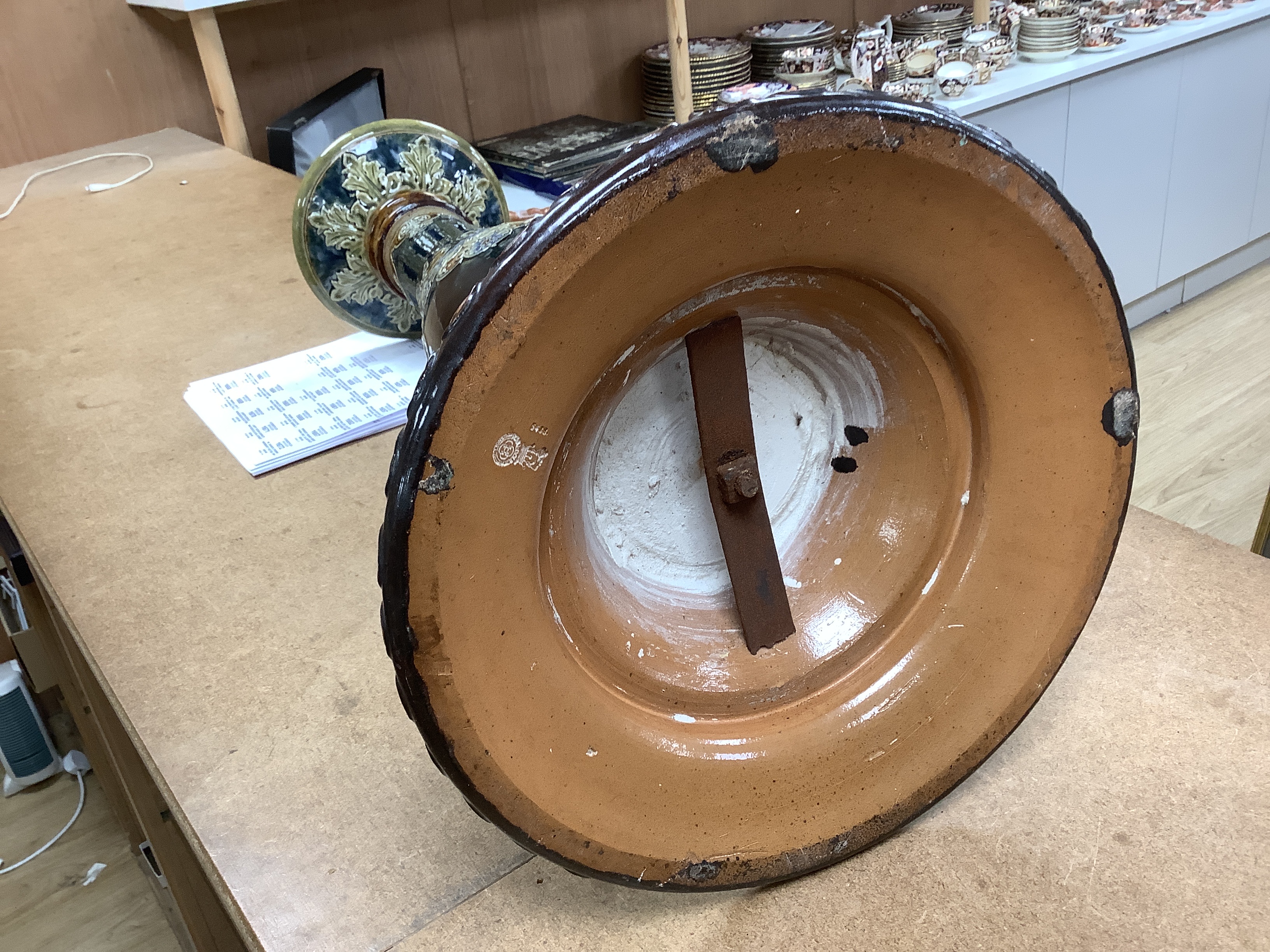 A Royal Doulton stoneware jardiniere and pedestal (cracked), 104cm